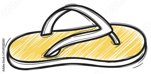 Black outline sketch of a simple yellow flip-flop with a white strap, highlighting its casual and summer fashion appeal.