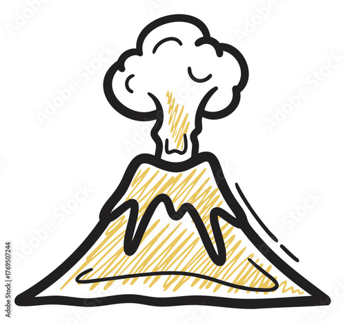 Hand-drawn black and yellow outline of an erupting volcano with smoke billowing from the crater.