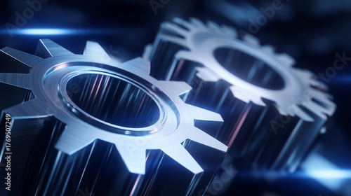 High-resolution close-up of gear wheels meshing, soft ambient light emphasizing dimensionality, metallic sheen and engineering intricacy captured vividly