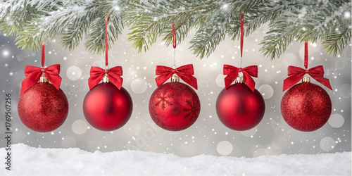 Festive Christmas background with red baubles hanging from snowy evergreen branch