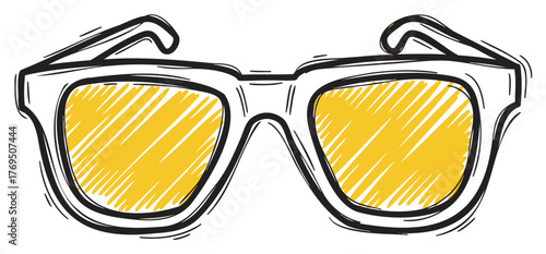 Black outline drawing of fashionable sunglasses with yellow-tinted lenses, featuring a bold and modern design.