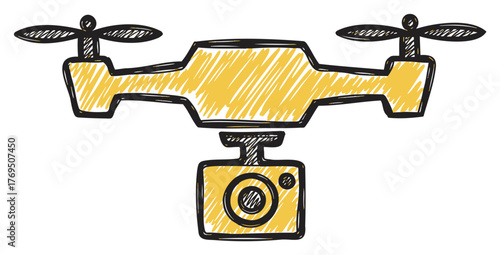 Hand-drawn yellow quadcopter drone with camera highlighted by bold black outlines and simple design.