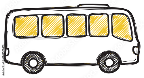 Hand-drawn sketch of a yellow and black bus with large windows and rounded wheels, conveying a playful and whimsical style.