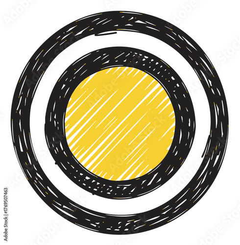 Hand-drawn concentric circles with a central yellow circle and black outer rings, showcasing doodle-style artistic design.