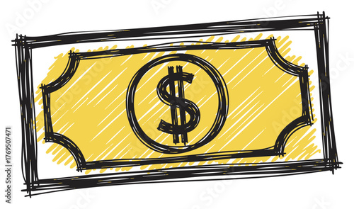 Sketch-style drawing of a single yellow dollar bill with a central dollar sign and bold black outlines.