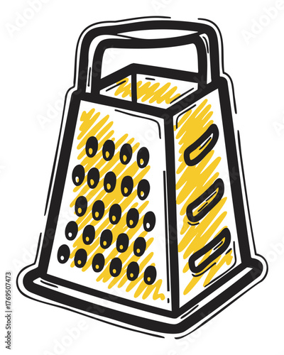 Hand-drawn illustration of a metal box grater with four different shredding surfaces highlighted in yellow for kitchen use.