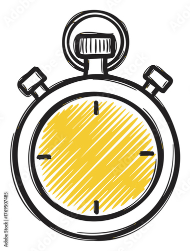 Black outline doodle of a classic stopwatch with a yellow shaded face, featuring bold outlines and a simplistic design for timing and sports concepts.