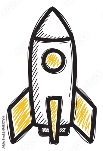 Hand-drawn sketch of a whimsical spaceship with yellow highlights and bold outlines, featuring three fins and an oval window.