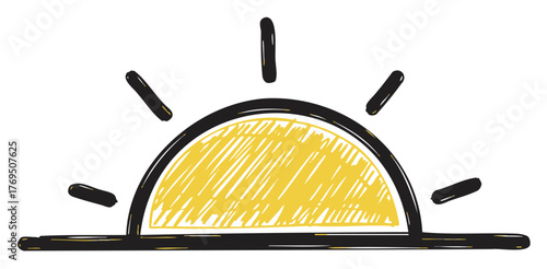Hand-drawn sketch of a rising sun with yellow shading and black outlines, depicting sunrays spreading outward.