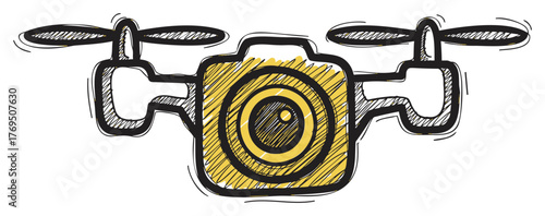 Hand-drawn sketch of a drone with propellers and a camera in yellow and black, illustrating modern aerial technology and innovation.