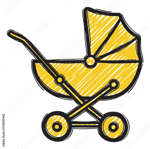 Yellow baby stroller with a curved canopy and four wheels, outlined in a black sketch style, conveying a playful and whimsical design.