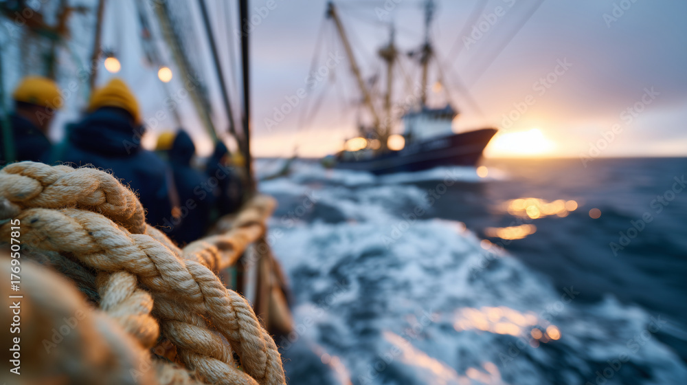 Obraz premium Fishing boat at dawn with crew hauling nets full of fish, close-up on ropes and gear, ocean reflecting soft morning light, labor and industry highlighted