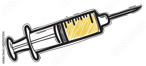 Hand-drawn sketch of a syringe with a yellow liquid inside, featuring detailed shading and bold outlines, representing medical and healthcare themes.