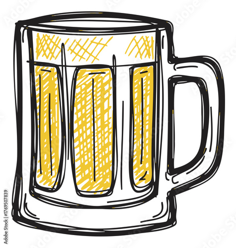 Black outline drawing of a glass beer mug filled with textured yellow liquid, featuring a sturdy handle on the right side.