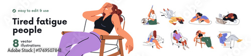 Tired fatigue people set. Apathy, weakness, burnout concept. Exhausted sleepy lazy overworked characters with low energy, tiredness, exhaustion. Flat vector illustration isolated on white background.