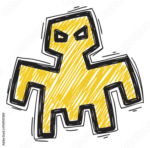 Stylized abstract drawing of a yellow humanoid figure with angular features and black outlines.