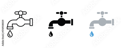 Water tap with drop icon set vector on white background. faucet, plumbing, leak, symbol.