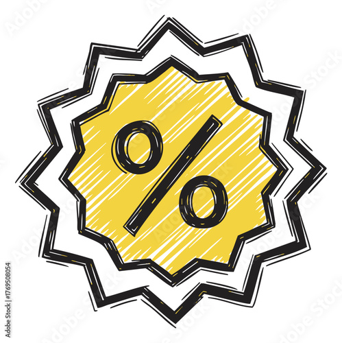 Hand-drawn style yellow discount badge with a black border featuring a bold percentage symbol in the center.