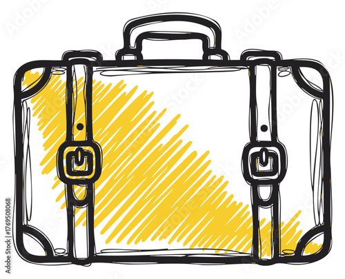 Black outline vector icon of a simple rectangular suitcase with yellow shading and buckles. minimal linear illustration for travel and luggage concepts.
