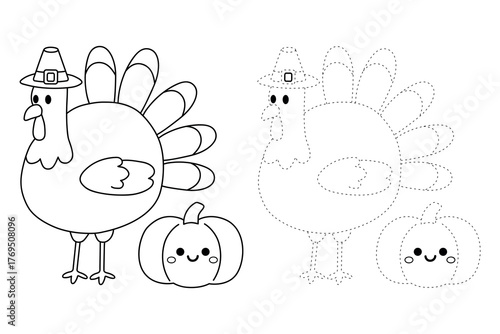 Trace and Color Turkey and Pumpkin Thanksgiving for Kids