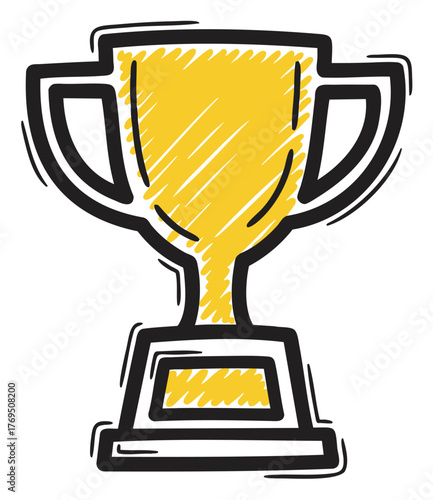 Bold, sketched yellow trophy with black outlines and a base, symbolizing achievement and success.