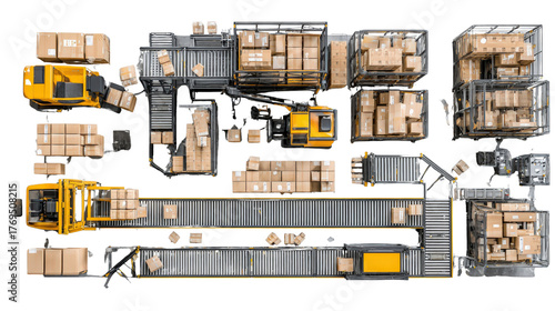 Large warehouse packing section with stacked boxes and equipment top view isolated on a Transparent background, PNG file.
