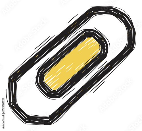 Hand-drawn sketch of a black and yellow paperclip with hatching detail, shown at an angle.