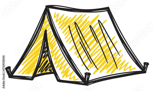 Hand-drawn yellow and black sketch of a classic triangular camping tent, conveying adventure and outdoor exploration.