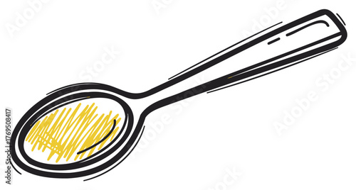 Hand-drawn black and yellow vector illustration of a simple spoon, emphasizing the utensil's shape and texture.