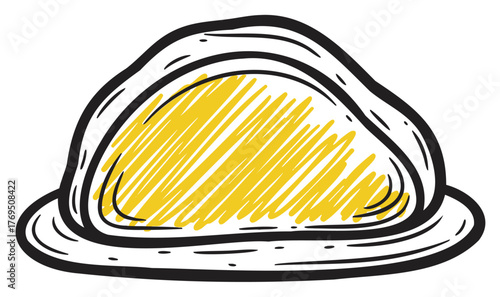 Hand-drawn sketch of a construction hard hat with a distinctive yellow center and bold black outlines, symbolizing safety and protection.