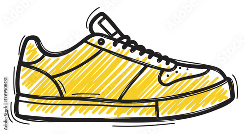 Yellow and black doodle-style sneaker illustration showing a side profile with detailed stitching and laces.