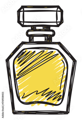 Sketch-style drawing of a vintage perfume bottle with a geometric design and a prominent rectangular cap.