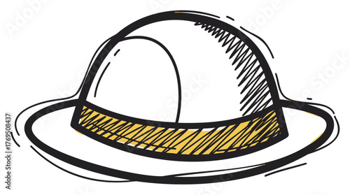 Simple hand-drawn style illustration of a dome-shaped hat with a wide brim and a yellow band accent.