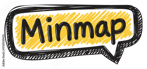 Hand-drawn speech bubble with the word "minmap" in black lettering on a yellow background.