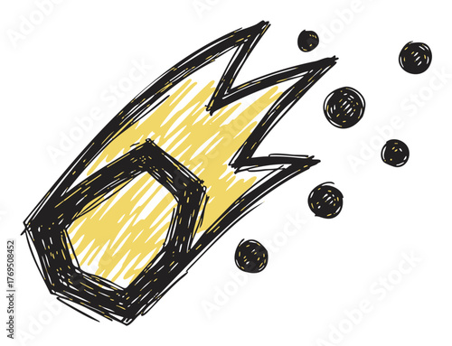 Hand-drawn sketch of a yellow shooting star with black outline and trailing circle particles.