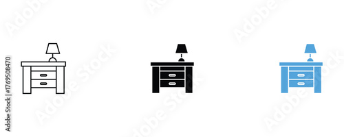 Nightstand with lamp icon set vector on white background.  furniture, bedroom, table, drawer, symbol.