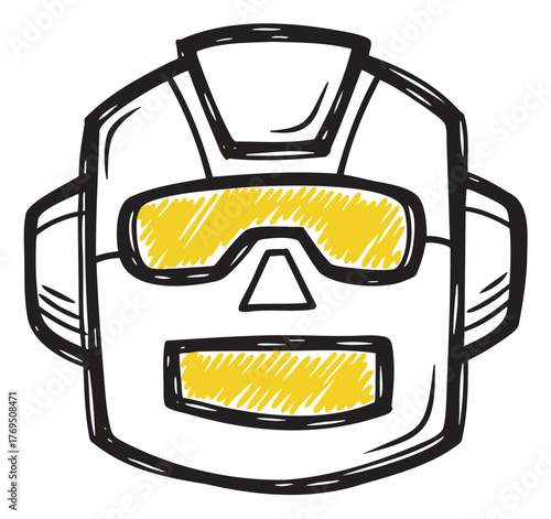 Black outline cartoon robot head with geometric shapes and yellow shaded areas in goggles and mouth. simple, playful design for technology or children's themes.