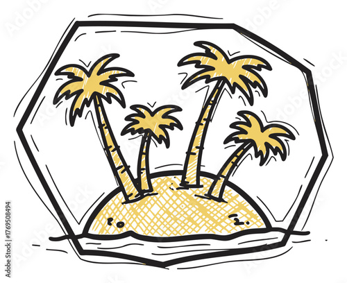 Simple sketch of a small tropical island with four palm trees surrounded by water, enclosed in a hexagonal border.
