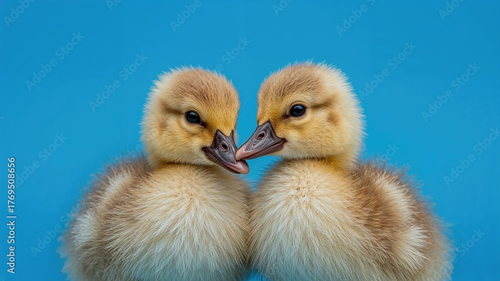 Obraz premium Two ducklings against blue background