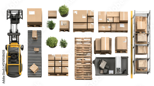 Large warehouse packing section with stacked boxes and equipment top view isolated on a Transparent background, PNG file.