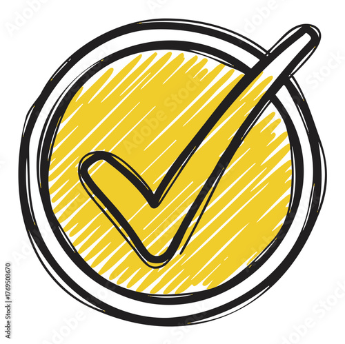 Hand-drawn checkmark enclosed in a circle, with a yellow shaded background and black outlines, suggesting approval or completion.