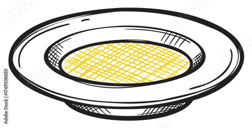 Black and white vector drawing of a sombrero, featuring a wide brim with a patterned yellow band.