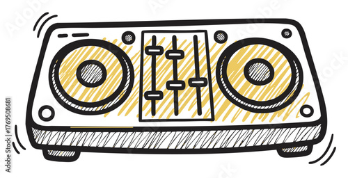 Simple black outline sketch of a dj mixer with two round turntables and vertical sound mixers for music production and entertainment.