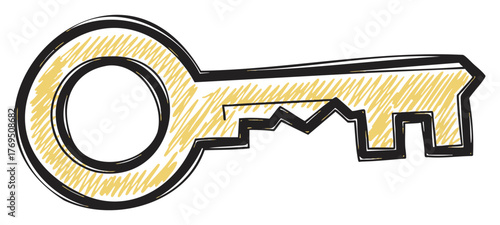 Hand-drawn sketch of a simple, classic key with a circular head and jagged teeth, shaded in yellow and outlined in bold black.