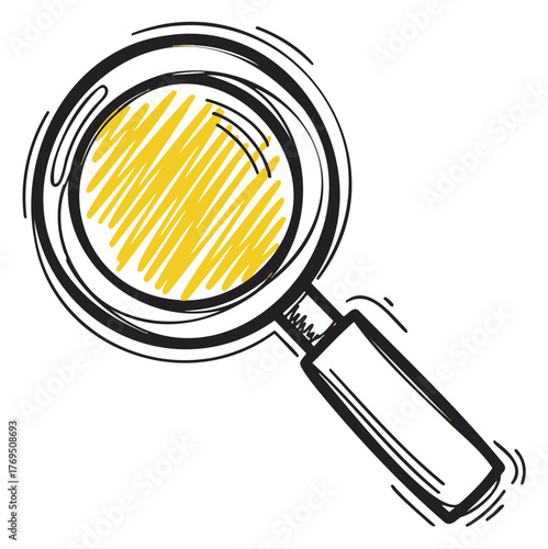 Hand-drawn magnifying glass icon with a black outline and yellow scribbled center. simple sketch style for search and discovery concepts.