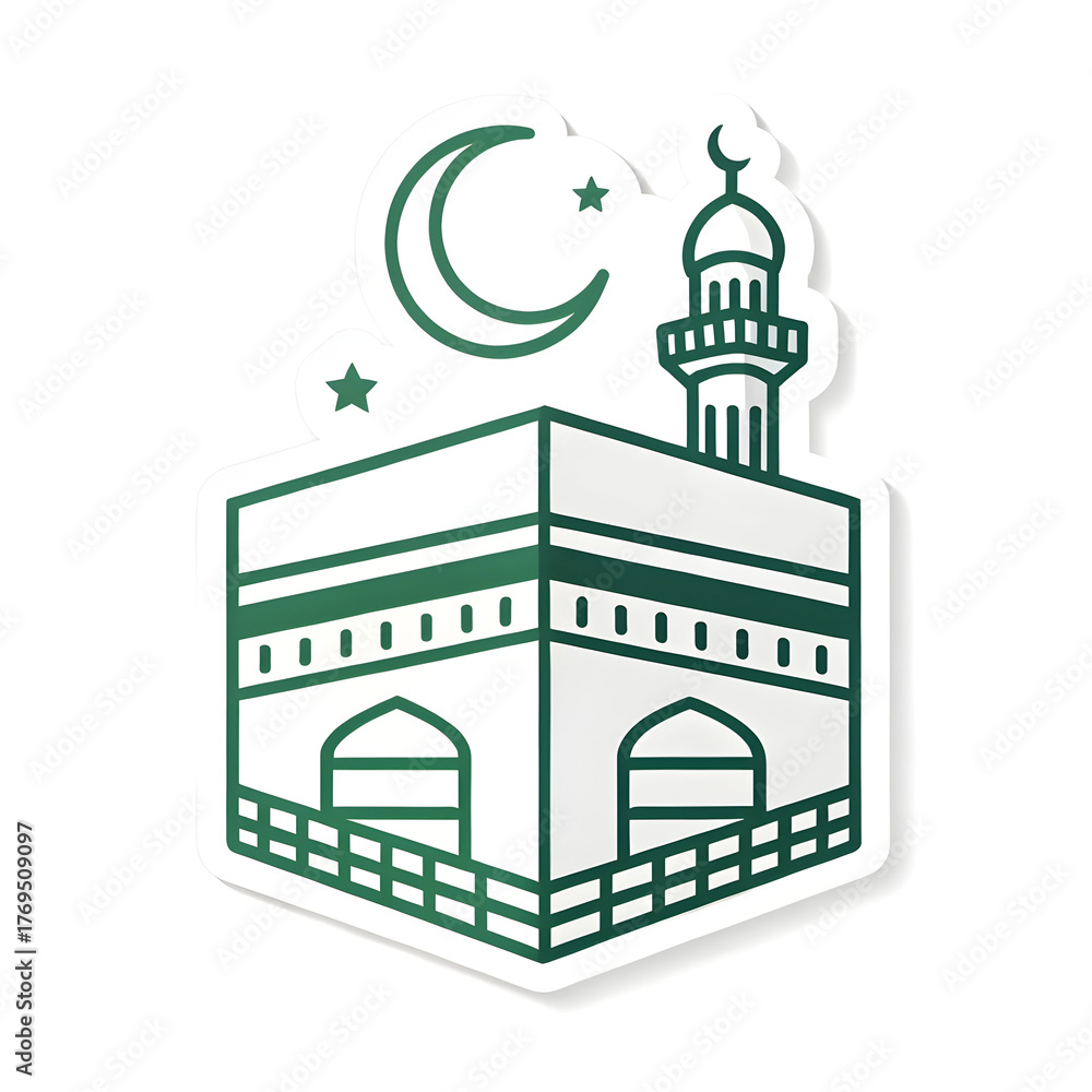 Fototapeta premium Simple icon of Kaaba cube in sticker style, representing Islamic faith and pilgrimage, isolated