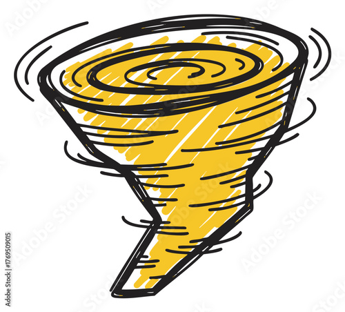 Hand-drawn illustration of a swirling yellow tornado with dynamic lines emphasizing movement and energy.