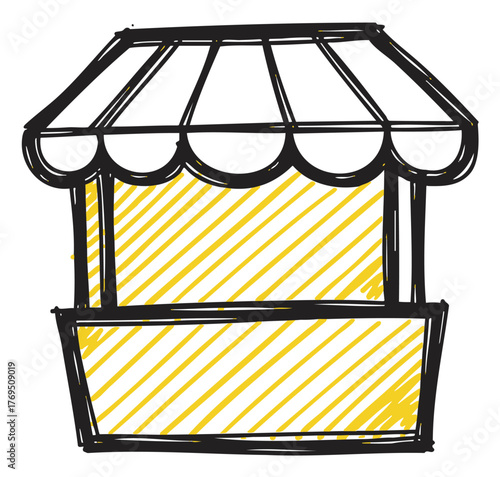 Black and yellow outline sketch of a small market stall with a striped canopy and rectangular base, representing a simple vendor setup.