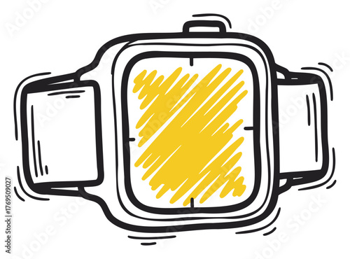 Black outline drawing of a smartwatch with a yellow scribbled screen, showcasing modern technology and wearable design.