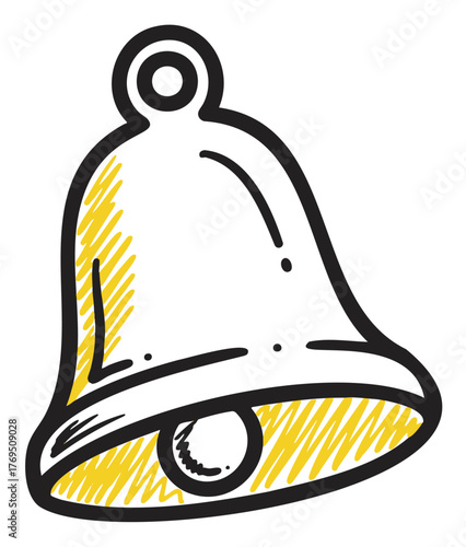 Simple black outline drawing of a traditional bell with a yellow shaded interior and a loop at the top for hanging.